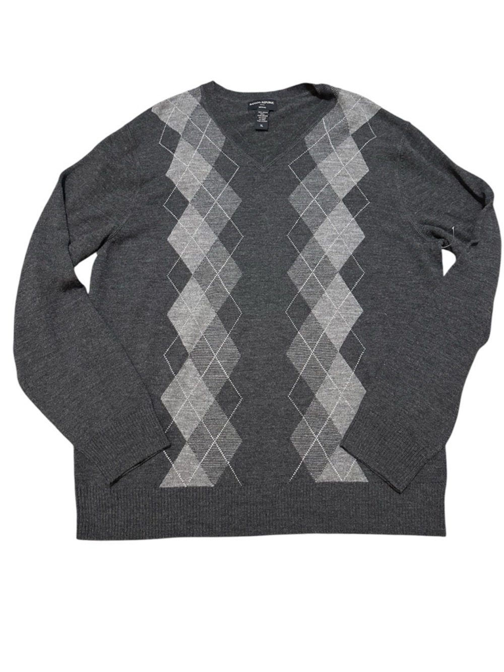 Banana Republic Charcoal Gray Argyle V-Neck Merano Wool Sweater Size XL